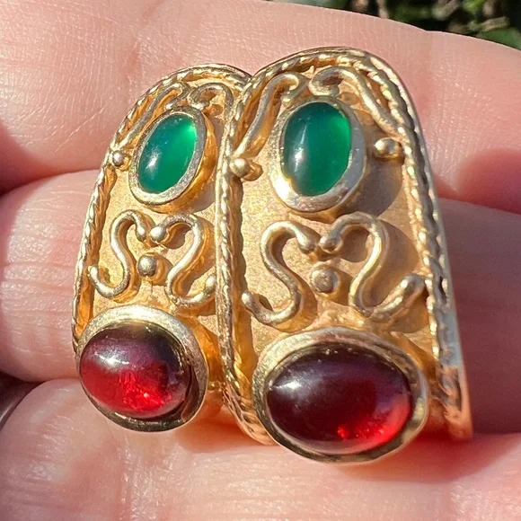 VINTAGE 14K GOLD CABOCHON GARNET GREEN CHRYSOPRASE EARRINGS STATEMENT CUSTOM - Picture 7 of 16